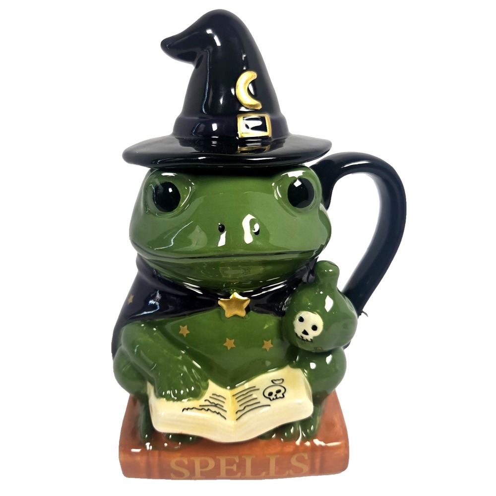 Global Design Connections Frog Witch Mug with Lid Halloween Ceramic 7.5 Inch